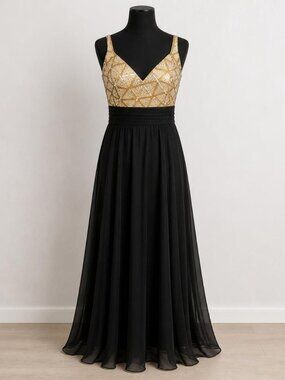 La Femme Gold Beaded Bodice Black Skirt Formal Dress-Size 14, Like New